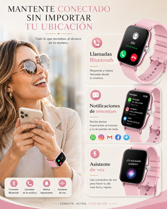 Smartwatch con Llamadas Bluetooth, Pantalla HD 1.75” FM13 , Asistente de Voz y Modos Deportivos Rosa