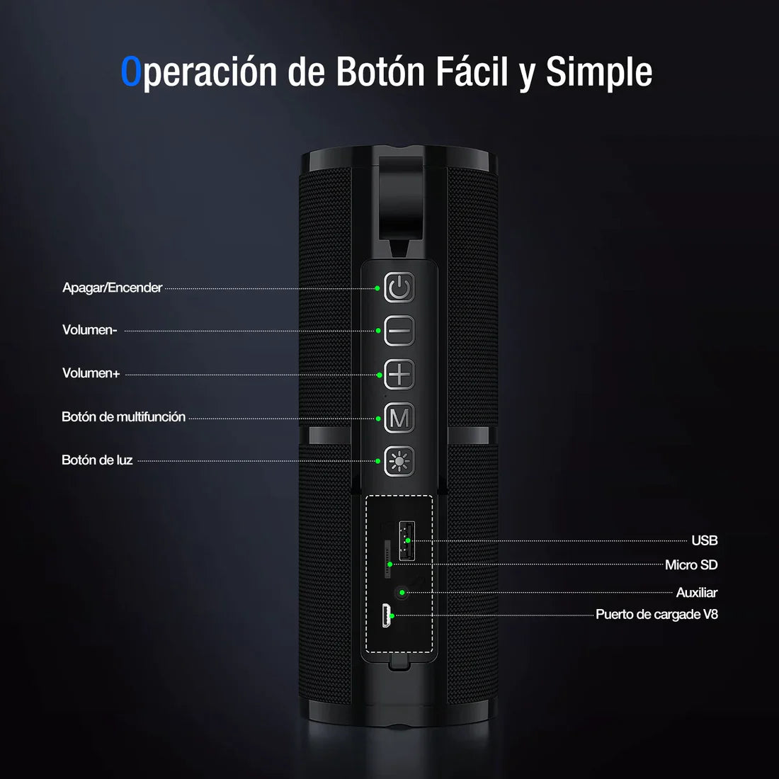 Bocina Bluetooth Portátil 1Hora Bluetooth 5.1 Estéreo HD Reproducción Manos Libres 2400mAh.