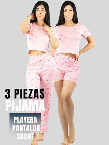 Pijama De 3 Piezas Mujer Pantalon Short Y Playera A Juego