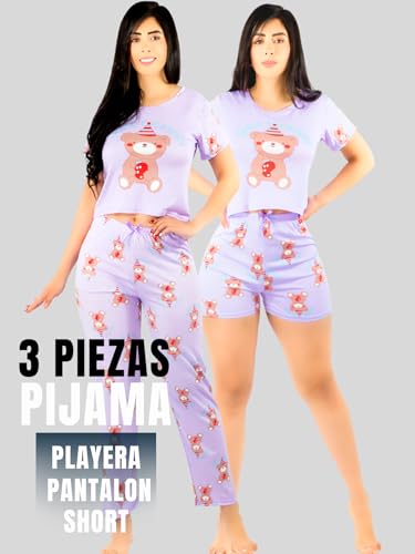 Pijama De 3 Piezas Mujer Pantalon Short Y Playera A Juego