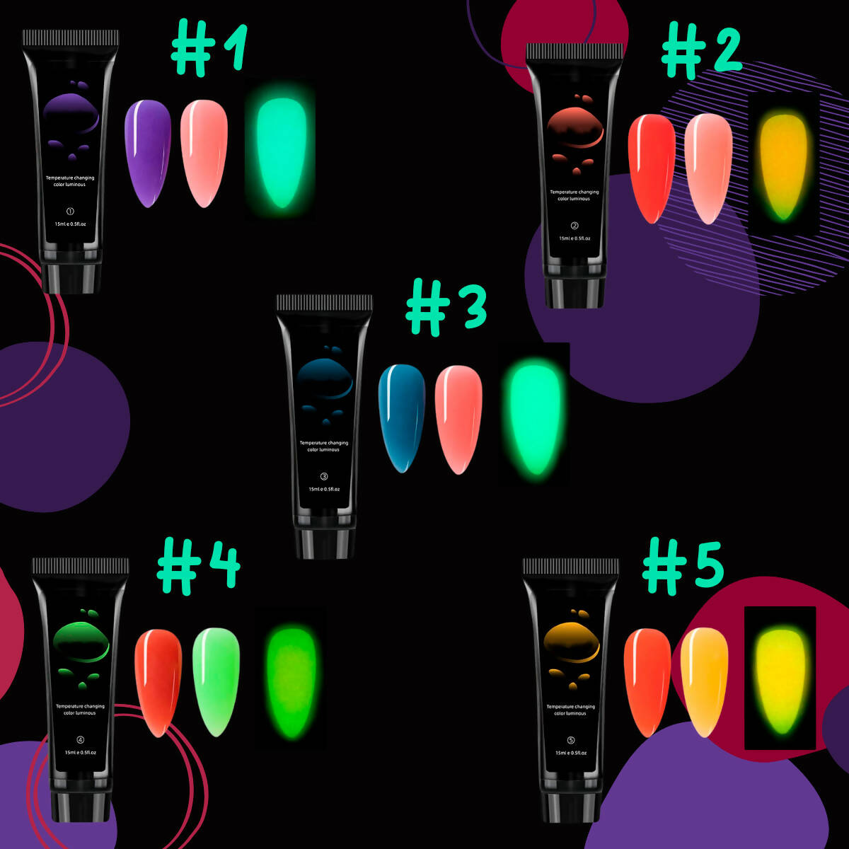 Polygel Decoración uñas cambio color. 9pzs