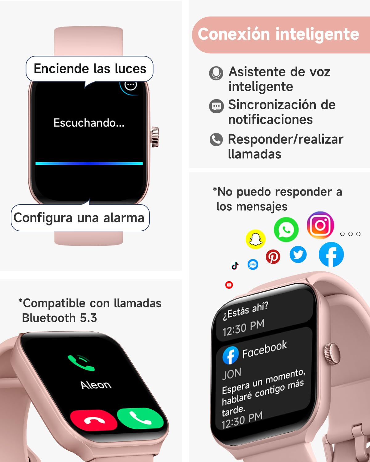Reloj Inteligente TOOBUR, Alexa Incorporada, Sumergible, Llamadas, Notificaciones. Rosa