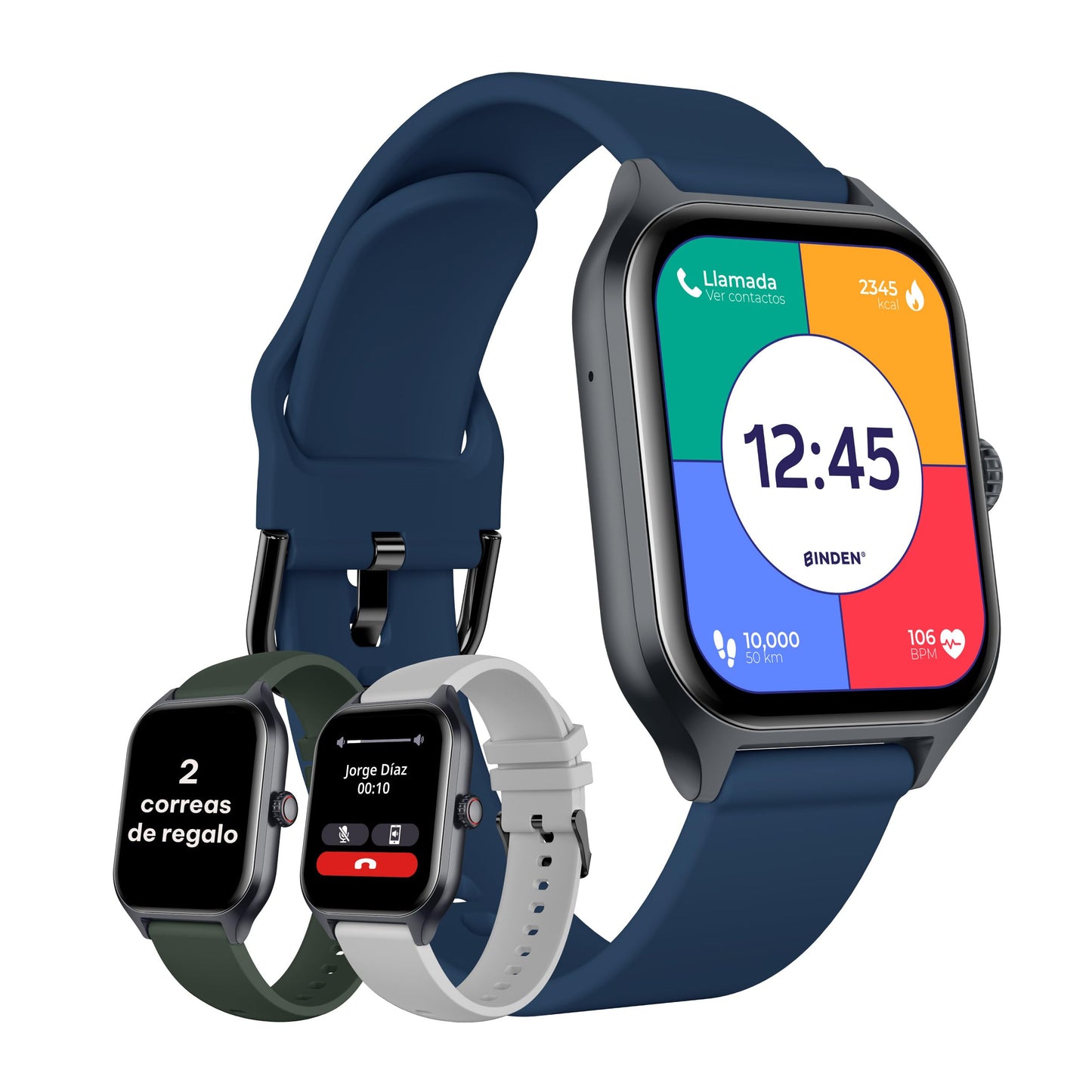 BINDEN Smartwatch ERA Day Asistente de Voz Realiza Llamadas Bluetooth Notificaciones Salud Deportes Resistente a Salpicaduras Pantalla 1.96” HD Compatible con iOS y Android +2 Correas de Regalo Azul