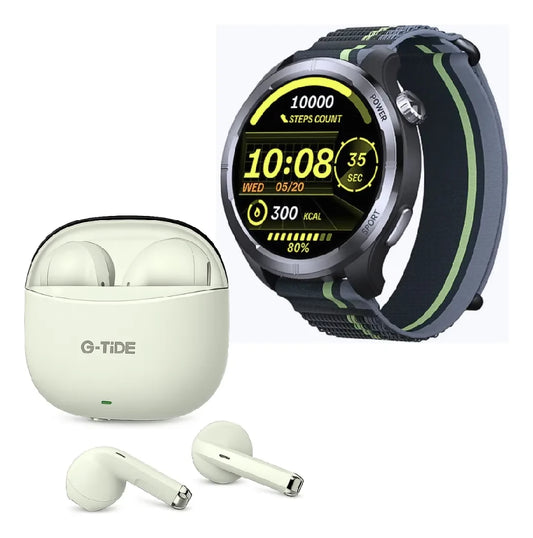 D_NQ_NP_2X_678580-MLM88370761213_072025-F-smartwatch-filwans-gtr-lite-negro-audifonos-g-tide-l21-blanco