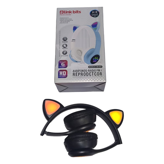 Audífonos Gatica Bluetooth, luces led, Radio FM, diadema plegables.