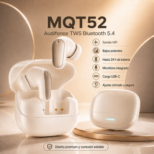 Audífonos Bluetooth 5.4 TWS HiFi MQT52 con Micrófono, Bajos Potentes y Estuche USB-C
