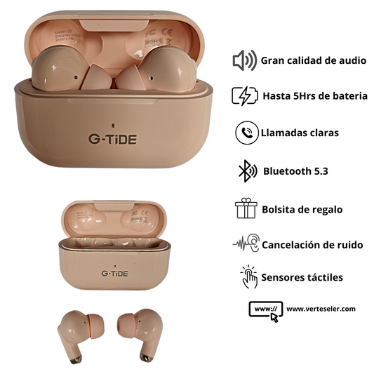Audífonos bluetooth 5.3 G-tide L22 hasta 8 horas de batería, estuche de carga y bolsa regalo.Rosa