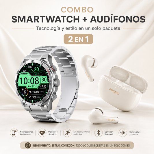Combo Premium Filwans GTR + Philips TAT1320WT Smartwatch AMOLED con Llamadas + Audífonos Bluetooth