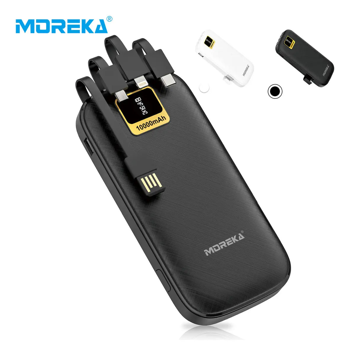 Power Bank 10000mAh Moreka Negro con 4 Cables Integrados Tipo C Micro IP Soporte para Celular Carga Rápida 2A
