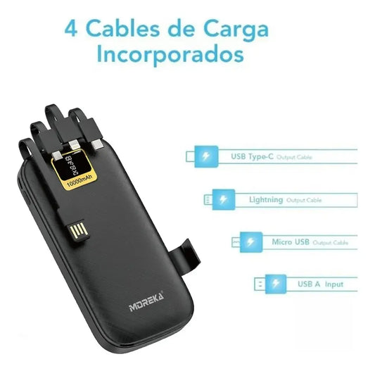 Power Bank 10000mAh Moreka Negro con 4 Cables Integrados Tipo C Micro IP Soporte para Celular Carga Rápida 2A