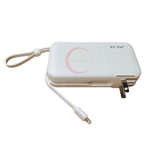 Power Bank G-Tide Traveler 10 000Mha, potencia 22.5w, cables tipo c y iphone lightning. Con enchufe incluido