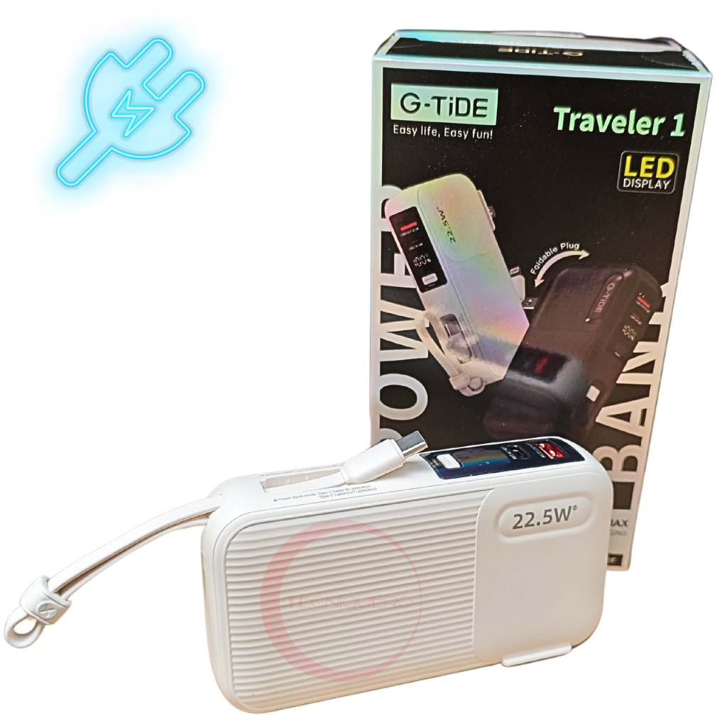 Power Bank G-Tide Traveler 10 000Mha, potencia 22.5w, cables tipo c y iphone lightning. Con enchufe incluido