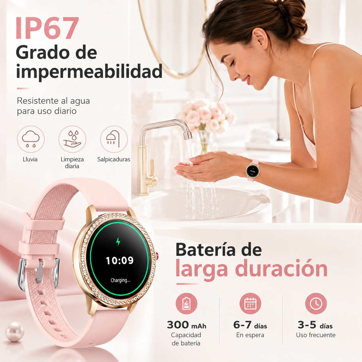 Smartwatch elegante para dama con diseño rosé, cristales brillantes y 2 correas incluidas