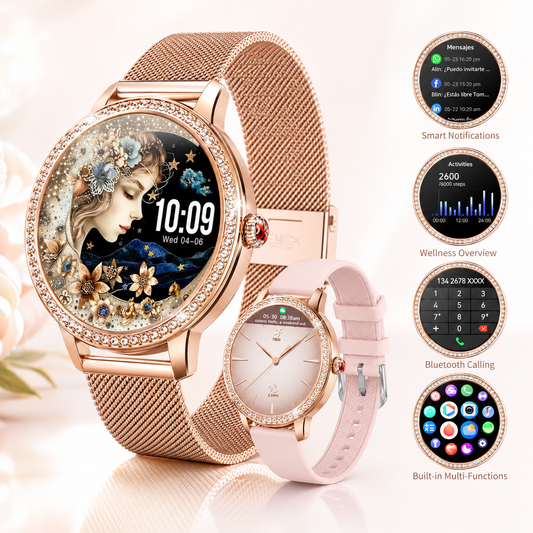 Smartwatch elegante para dama con diseño rosé, cristales brillantes y 2 correas incluidas