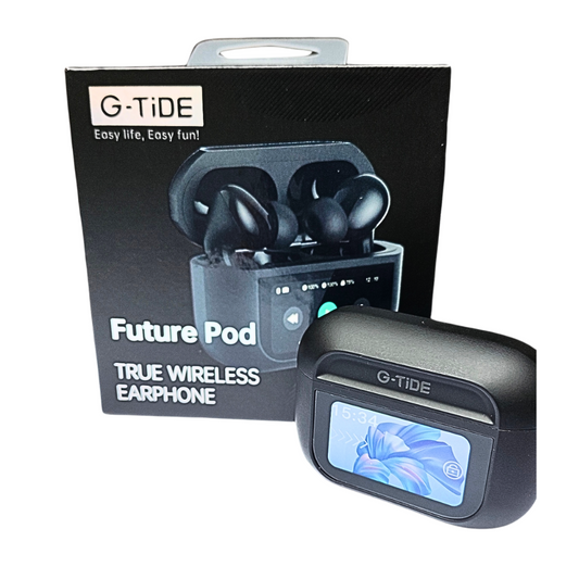 Audífonos con Pantalla Táctil. G-TIDE Future Pod, Bluetooth, Cancelación de ruido, encontrar audífonos