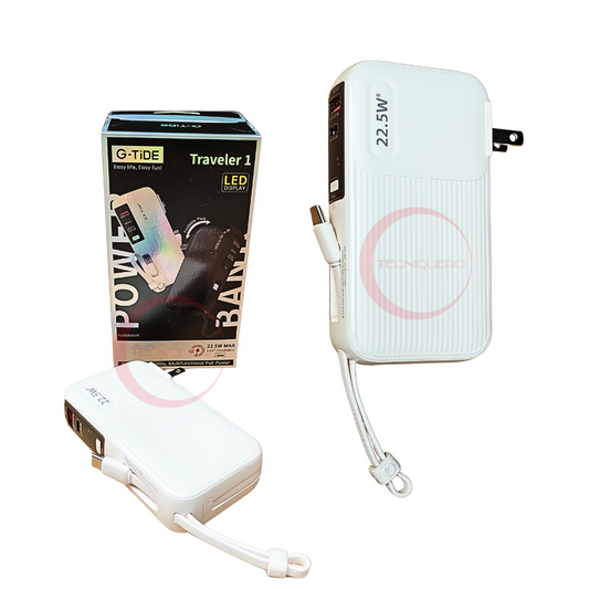 Power Bank G-Tide Traveler 10 000Mha, potencia 22.5w, cables tipo c y iphone lightning. Con enchufe incluido