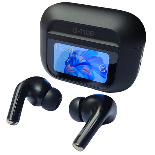 Audífonos con Pantalla Táctil. G-TIDE Future Pod, Bluetooth, Cancelación de ruido, encontrar audífonos