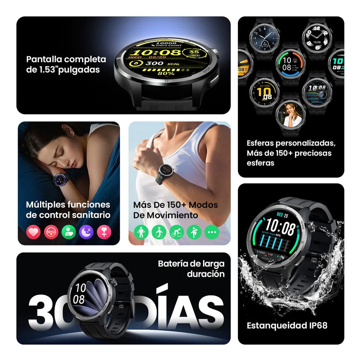 Reloj Smartwatch Inteligente Filwans GTR Lite 1.53" Hombre Mujer Bluetooth Llamadas IP68 Deportivo Impermeable Por Bluetooth Smart Watch Negro