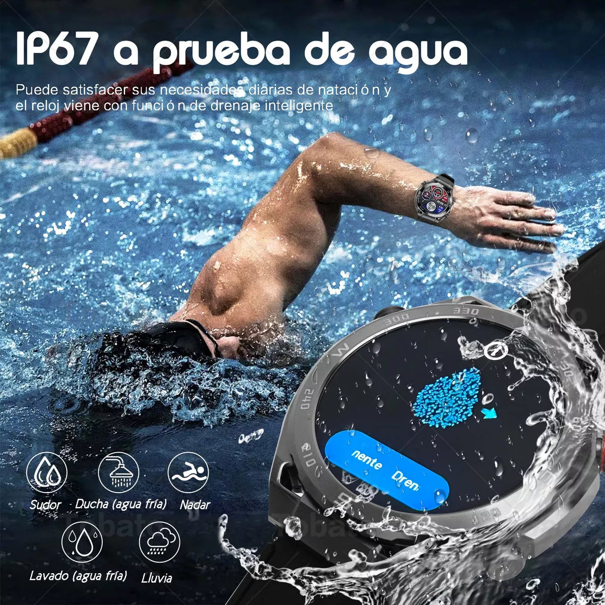 Reloj Inteligente 1.46" IP67 Impermeable con Bluetooth, Llamadas y Monitoreo de Salud – GPS, 128MB Memoria, Batería de 300mAh