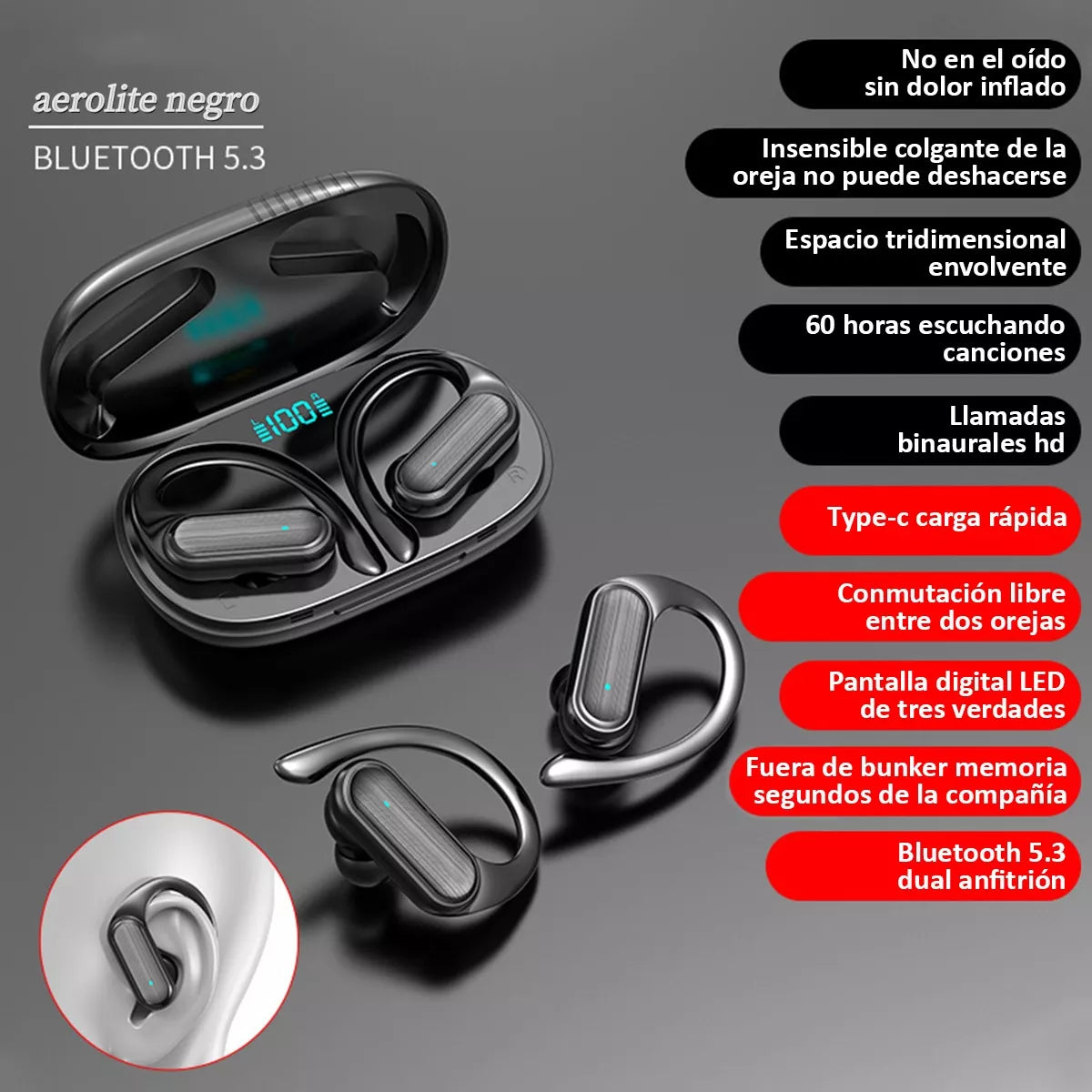 Audífonos Inalámbricos Bluetooth 5.3 Deportivos Con Gancho Anticaída, Sonido HD y Resistencia al Agua