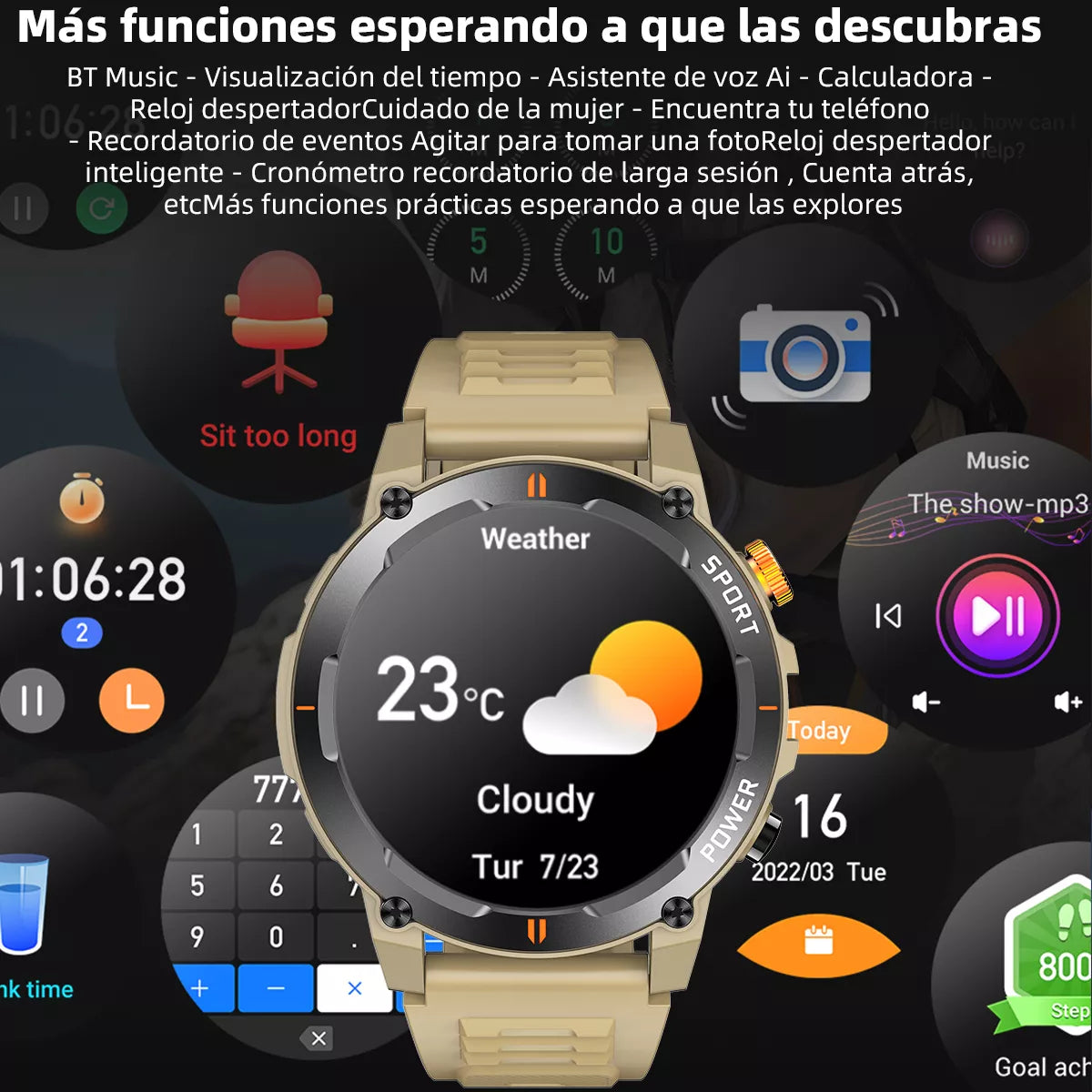 Smartwatch Deportivo con Llamadas Bluetooth, Monitoreo de Salud y Notificaciones BEIGE