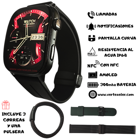 Reloj inteligente G-tide S6 pro smartwatch, pantalla curva amoled, con 3 correas y una pulsera regalo, llamadas, notificaciones