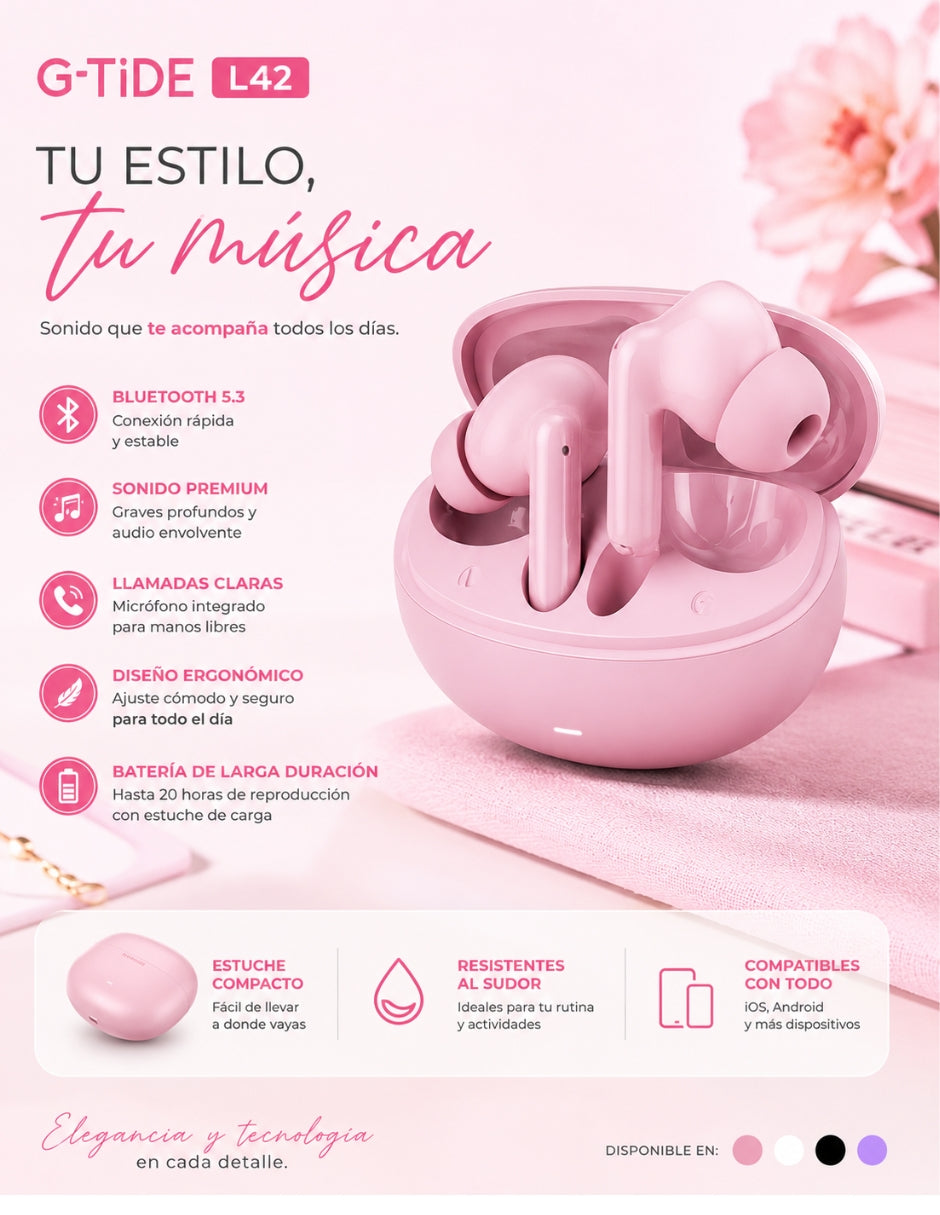 Set Audífonos In-Ear audífonos l42 rosa con smartwatch futurem fm13 rosa inalámbrica con cancelación de ruido