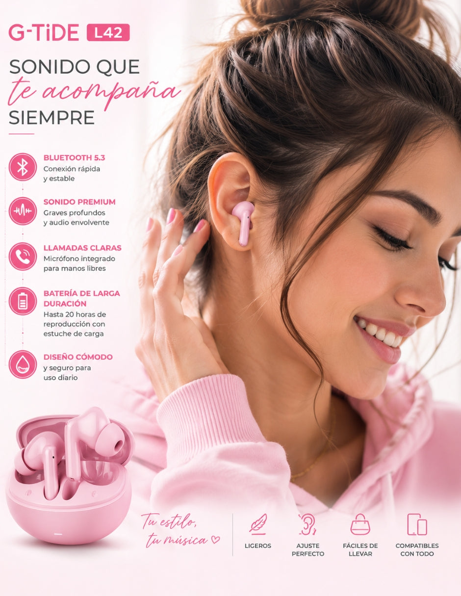 Set Audífonos In-Ear audífonos l42 rosa con smartwatch futurem fm13 rosa inalámbrica con cancelación de ruido