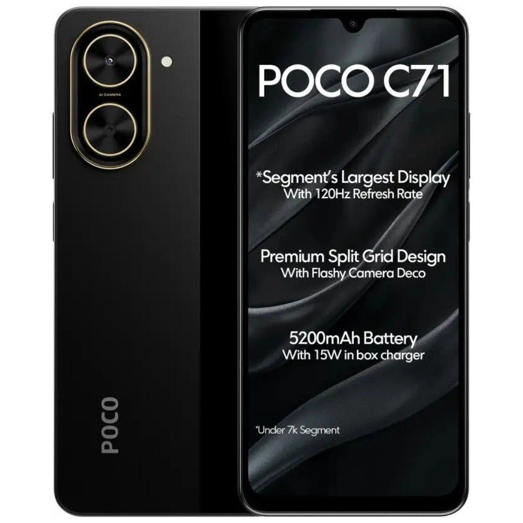 Smartphone XIAOMI POCO C71 4/128 GB (Negro) con Smartwatch FILWANS GTR Lite (Negro) y Bocina 1HORA BOC244