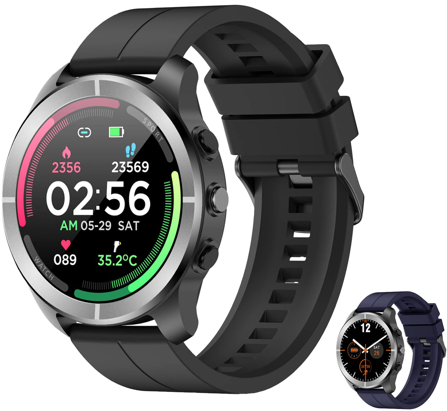 Reloj Inteligente Deportivo con Monitor de Frecuencia Cardíaca, Notificaciones, Música, Sueño y 24 Modos de Entrenamiento para Hombre y Mujer (Correa Negra y Azul)