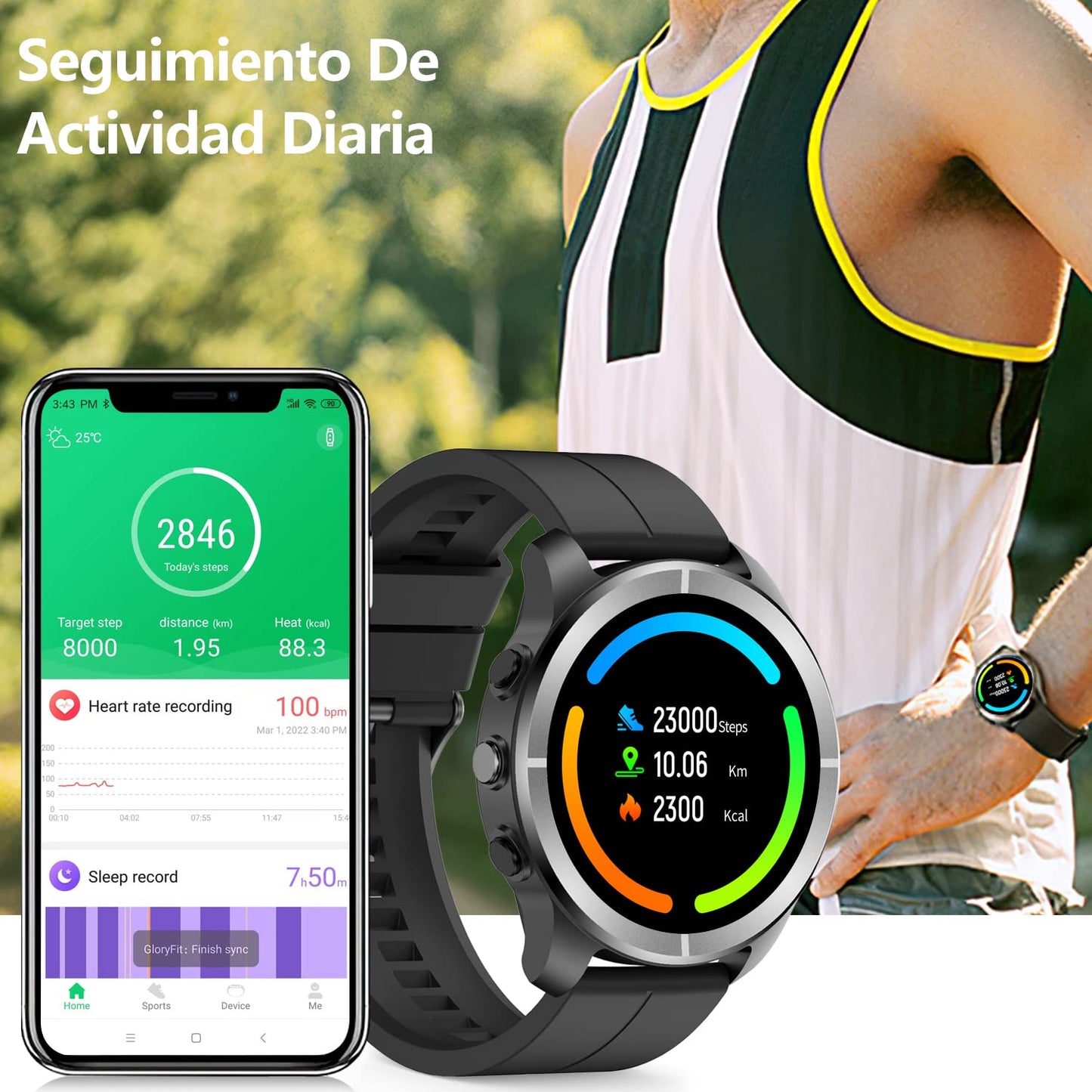 Reloj Inteligente Deportivo con Monitor de Frecuencia Cardíaca, Notificaciones, Música, Sueño y 24 Modos de Entrenamiento para Hombre y Mujer (Correa Negra y Azul)