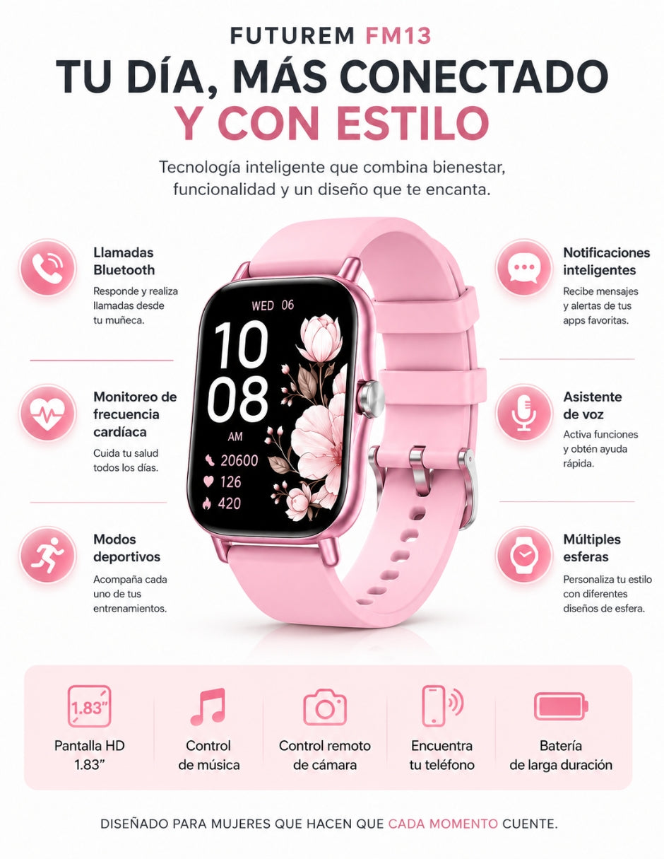 Set Audífonos In-Ear audífonos l42 rosa con smartwatch futurem fm13 rosa inalámbrica con cancelación de ruido