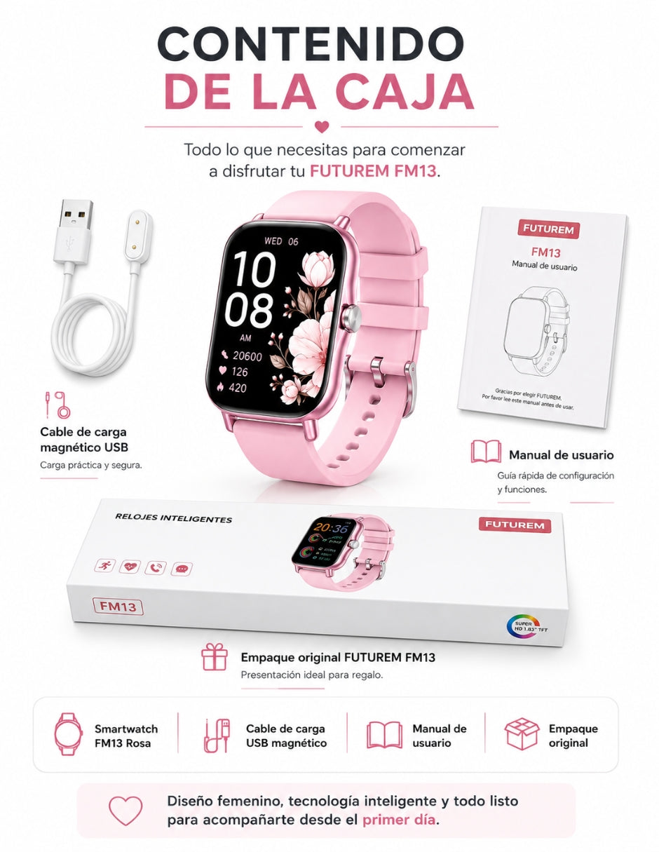 Set Audífonos In-Ear audífonos l42 rosa con smartwatch futurem fm13 rosa inalámbrica con cancelación de ruido