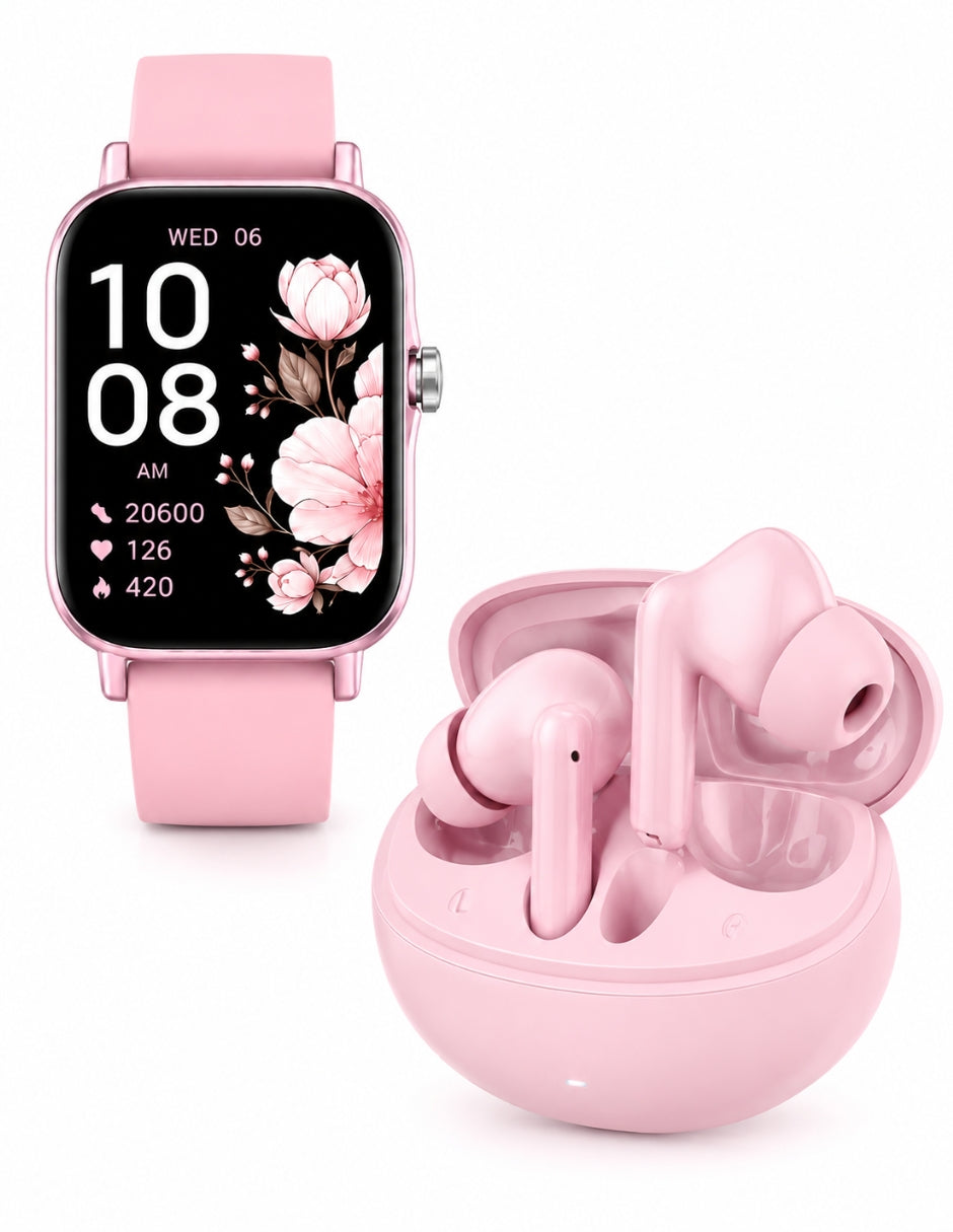 Set Audífonos In-Ear audífonos l42 rosa con smartwatch futurem fm13 rosa inalámbrica con cancelación de ruido