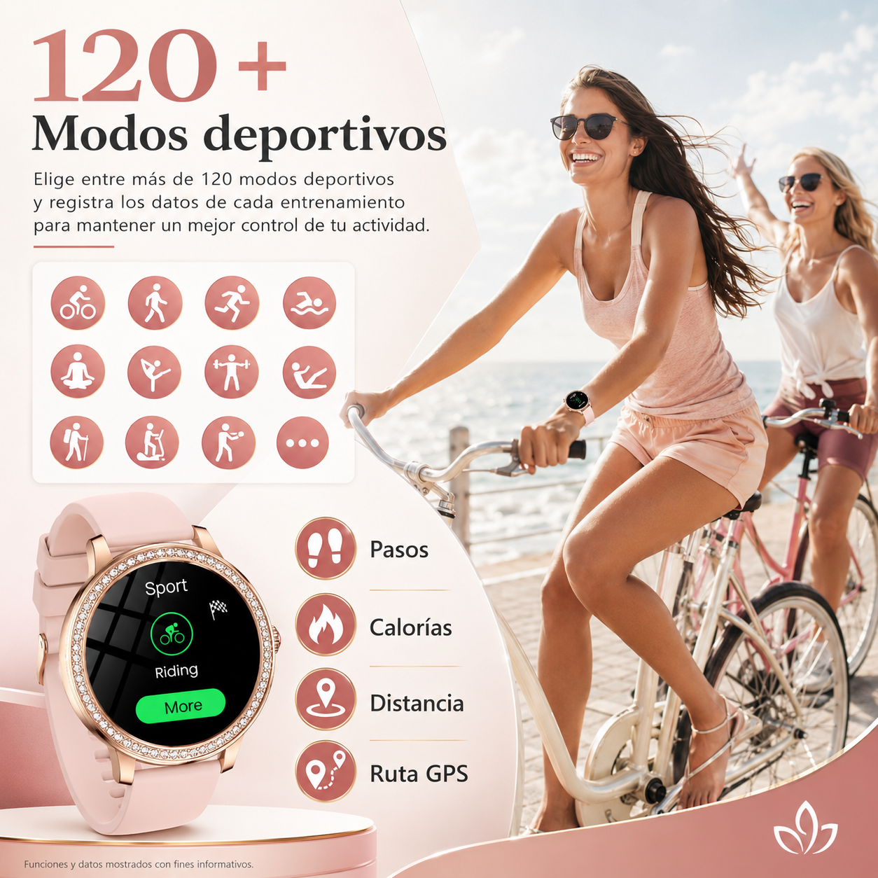 Smartwatch elegante para dama con diseño rosé, cristales brillantes y 2 correas incluidas