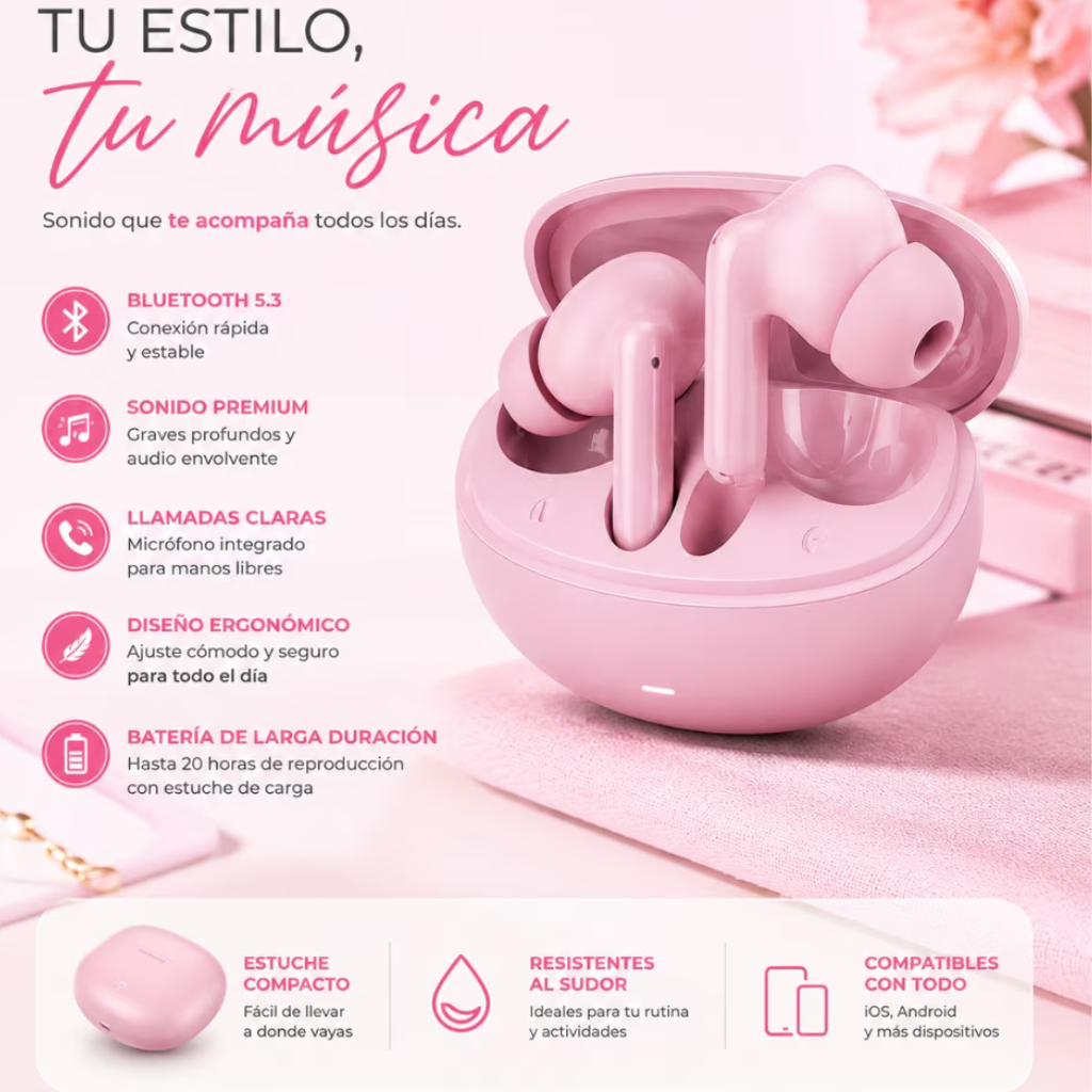 Combo Smartwatch Futurem FM13 + Audífonos g-tide L42 Bluetooth Ultra Compactos Rosa