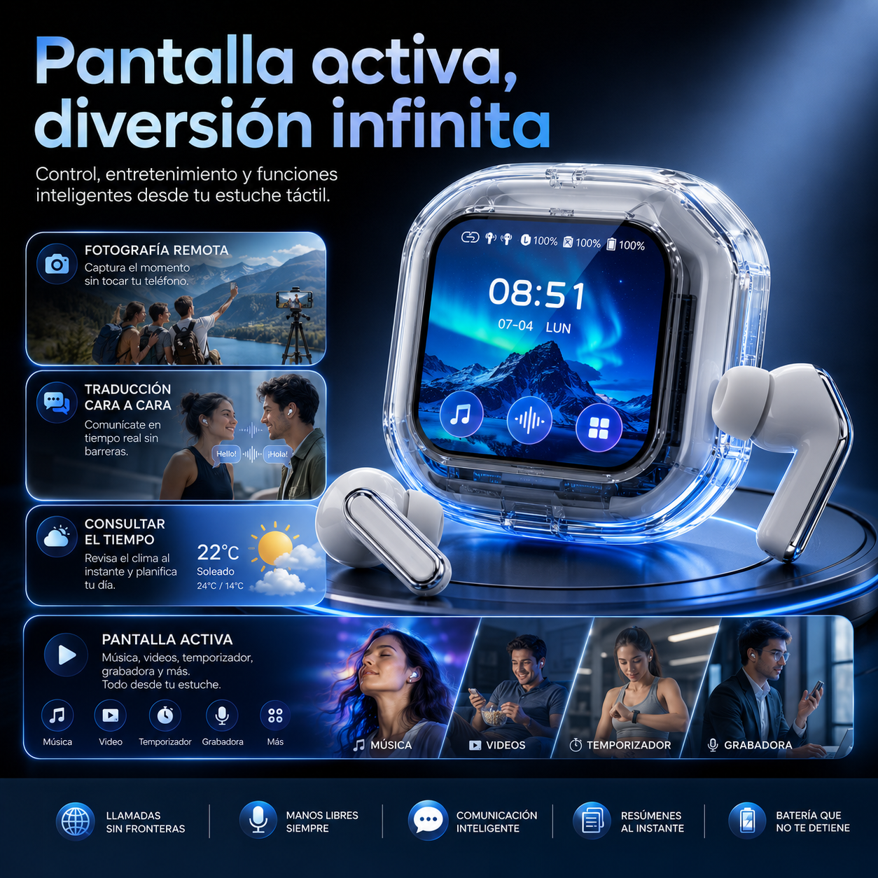 SmartBuds AI con Pantalla Táctil, Traducción Inteligente y Audio Hi-Resolution