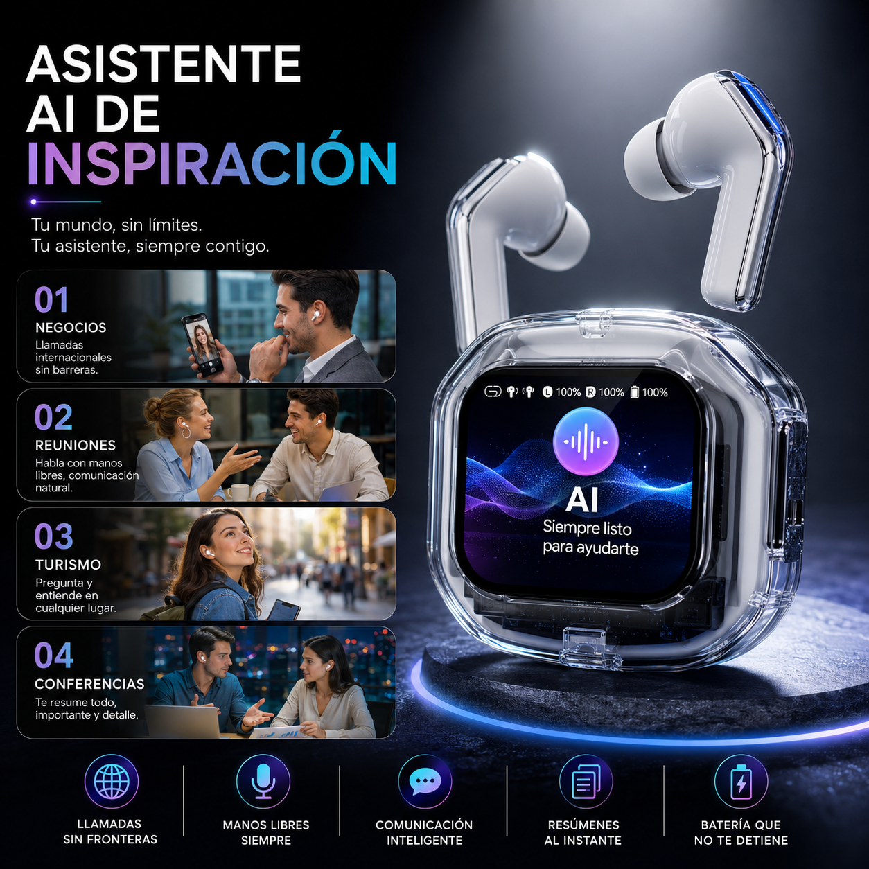 SmartBuds AI con Pantalla Táctil, Traducción Inteligente y Audio Hi-Resolution