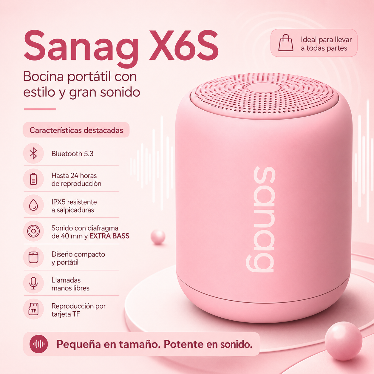 Combo Smartwatch Elegante para Dama Rosé + Audífonos G-Tide L42 Rosa + Bocina Bluetooth Sanag X6S