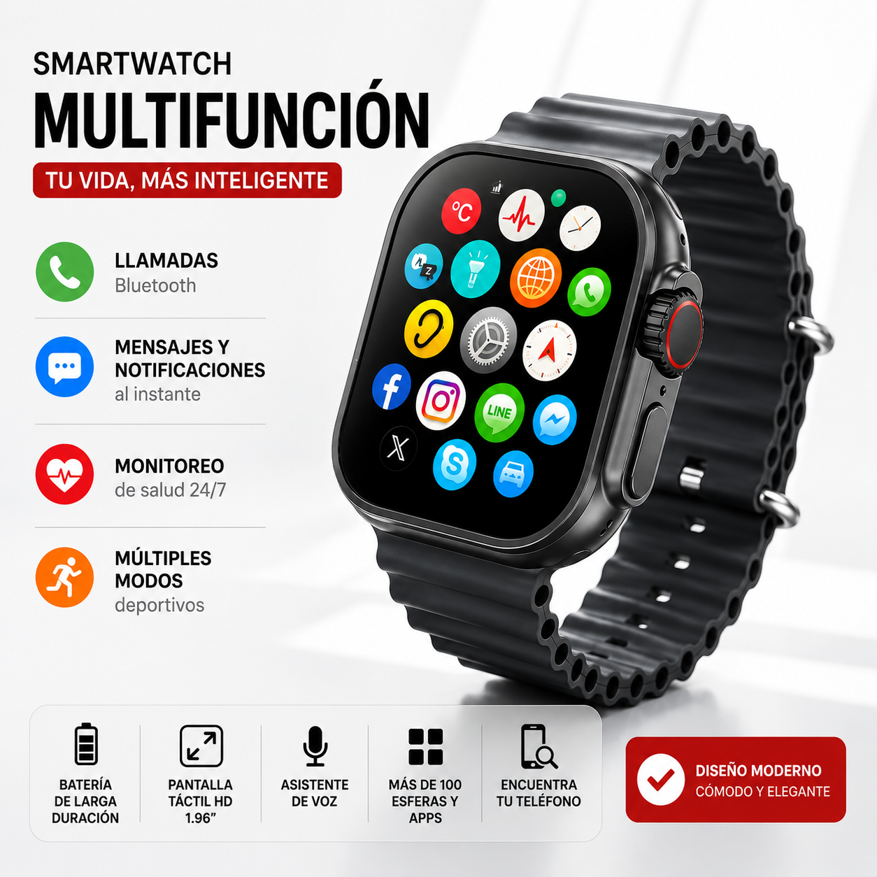 Smartwatch U5 Multifunción con Llamadas, Mensajería e Inteligencia Artificial