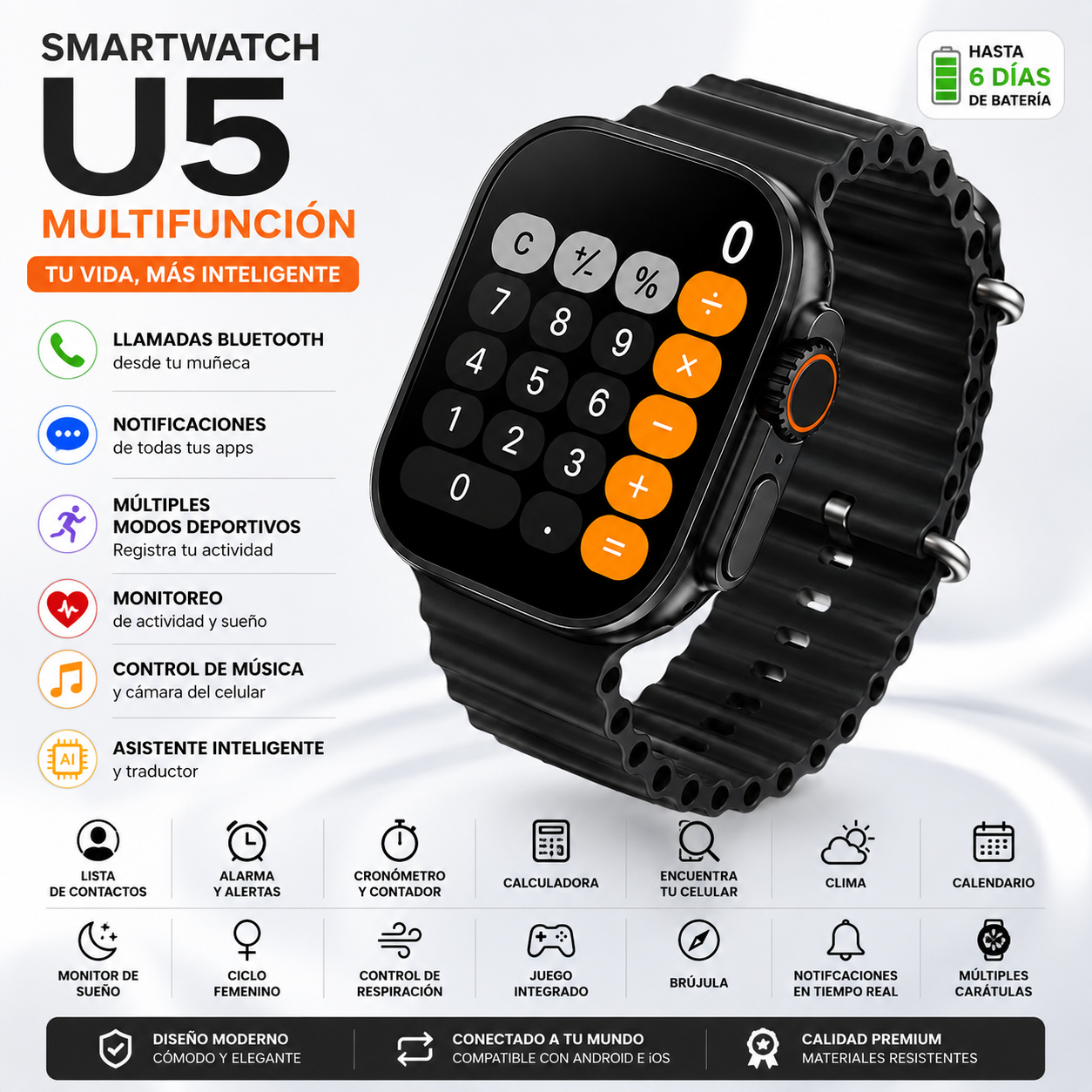 Smartwatch U5 Multifunción con Llamadas, Mensajería e Inteligencia Artificial